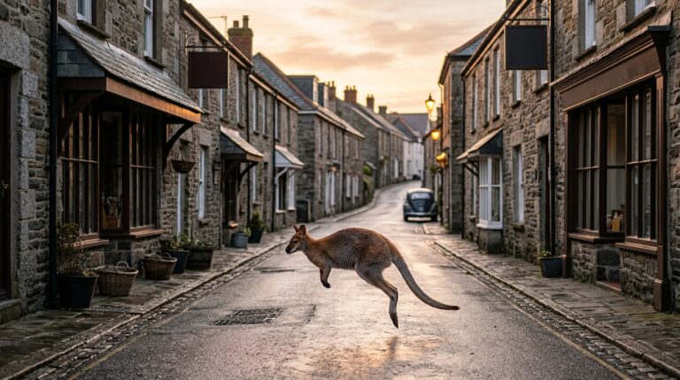 Ilustración: un ualabí cruza de un salto la calzada de un pueblo británico de casas de piedra al amanecer