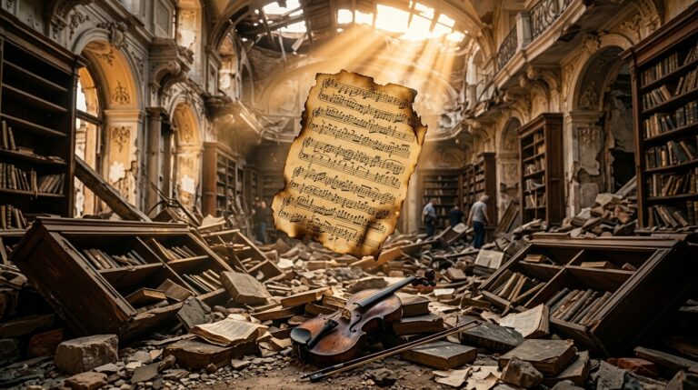 Partitura barroca chamuscada entre las ruinas de una biblioteca bombardeada, junto a un violín: el misterio del Adagio de Albinoni