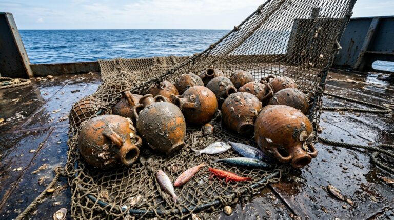 Ánforas romanas panzudas y embarradas saliendo de una red de arrastre en la cubierta de un barco en el mar