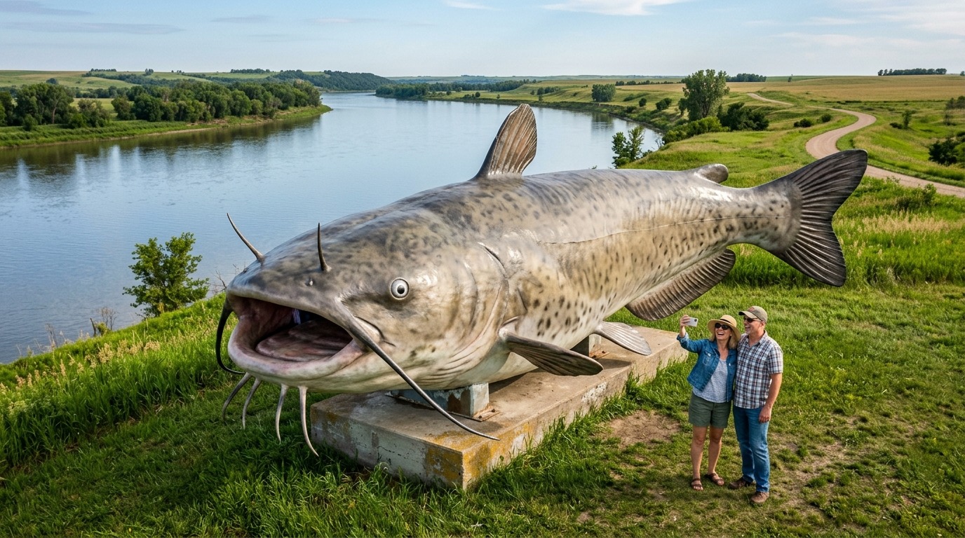 Ilustración de una estatua gigante de bagre a orillas de un río del Medio Oeste con dos turistas haciéndose un selfi a su lado