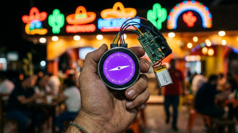 Ilustración de una brújula electrónica casera sostenida en una mano, con placa y cables a la vista, ante un local de comida mexicana con neones
