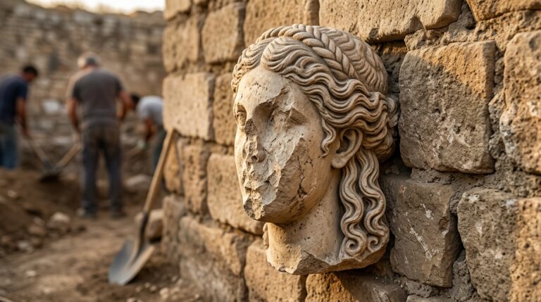 Cabeza de piedra sin rostro y con las trenzas talladas intactas, encajada como un bloque más en un muro de sillería romano