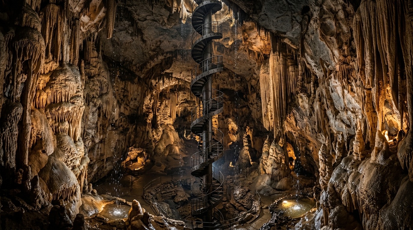 Ilustración de una caverna enorme con una escalera de caracol de acero que baja desde el techo hasta el suelo entre estalactitas