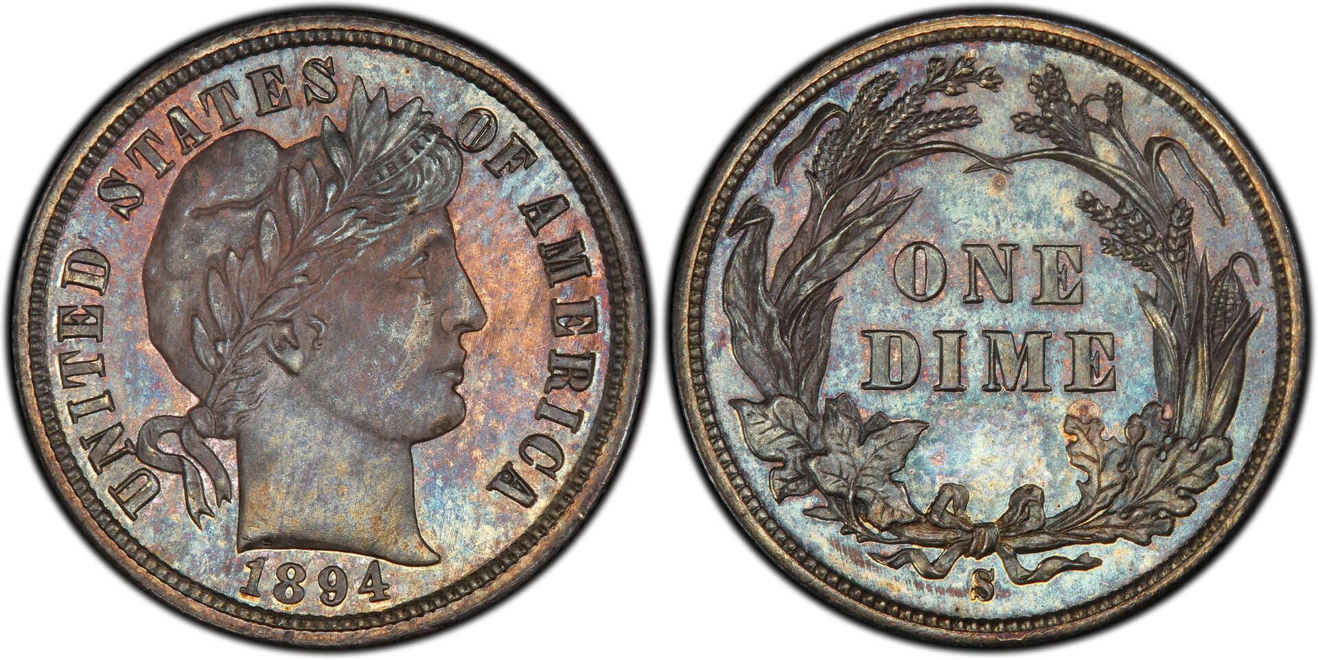 Anverso y reverso de una moneda de diez centavos de 1894 con la marca de ceca S de San Francisco, con la cabeza de la Libertad y la corona de laurel