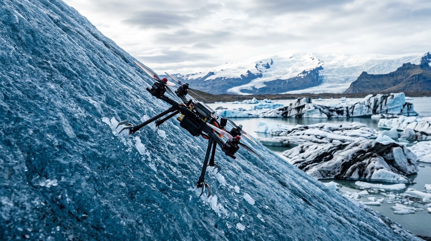 Dron negro con patas de garras agarrado a una empinada pendiente de hielo azul frente a una laguna glaciar de Islandia