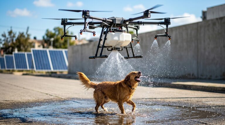 Un dron industrial con depósito de agua pulveriza sobre un perro de pelaje dorado que juega en un charco de una calle