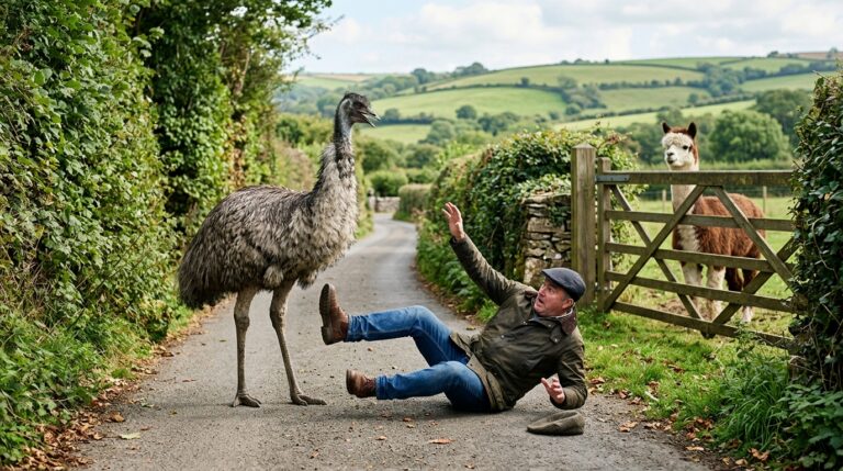 Emú en un camino rural inglés junto a un hombre que cae al suelo mientras una alpaca mira tras una verja de madera