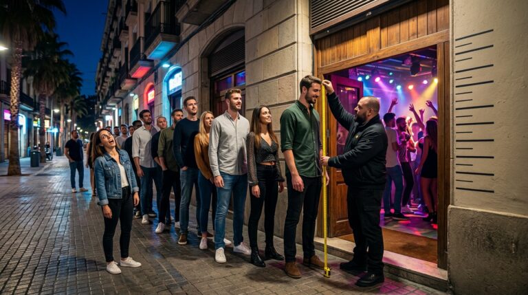 Un portero mide con cinta métrica a un hombre muy alto en la cola de una fiesta para gente alta, ante una chica sorprendida