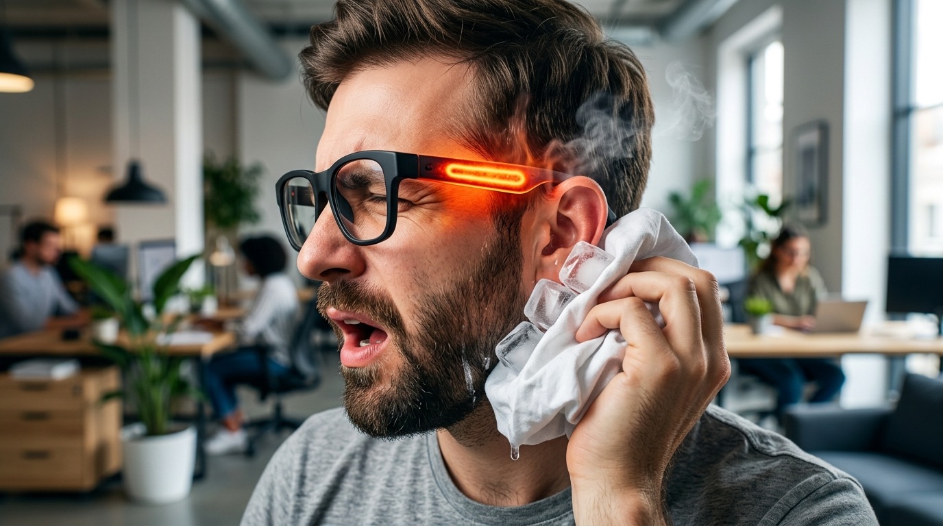 Hombre con gafas inteligentes cuya patilla izquierda brilla al rojo vivo mientras se aplica hielo en la oreja