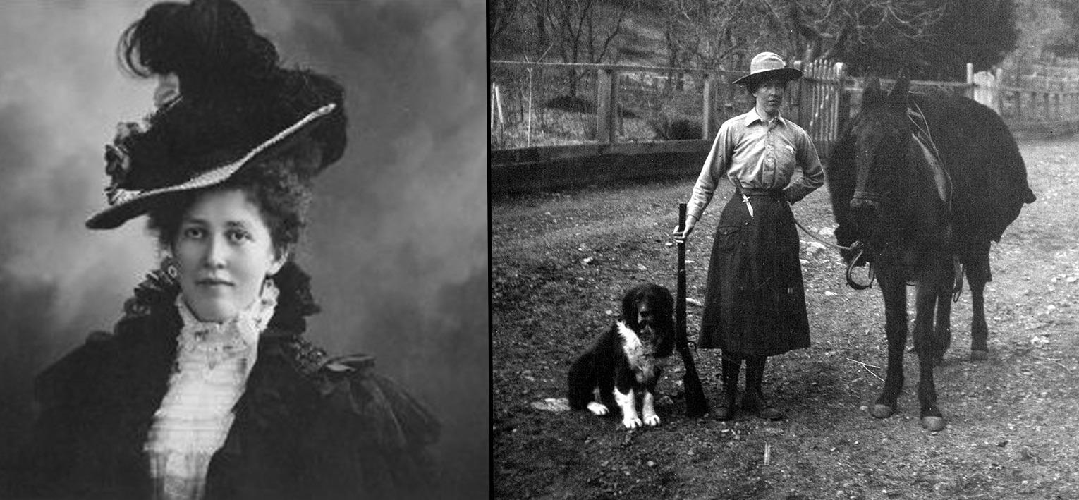 Dos retratos antiguos de Hallie Daggett: de joven con sombrero de plumas y, en el campo, con sombrero de guardabosques, un rifle, un perro y un caballo de carga