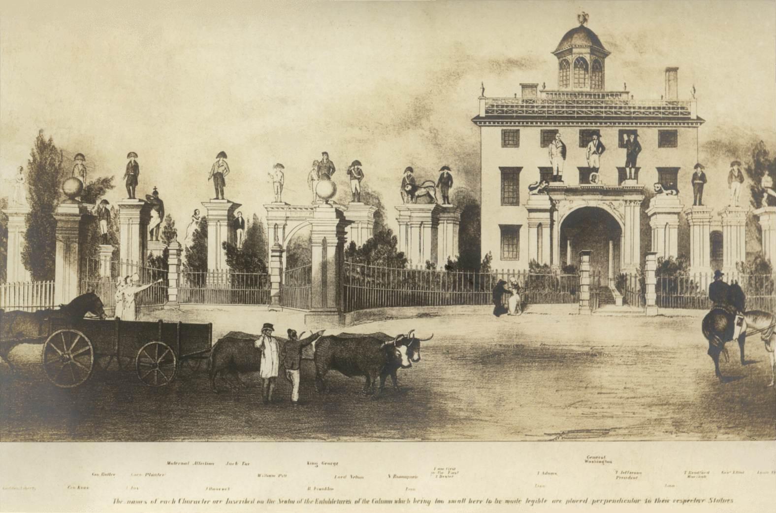 Litografía del siglo XIX de la mansión de Timothy Dexter en Newburyport, rodeada de decenas de estatuas de madera sobre columnas