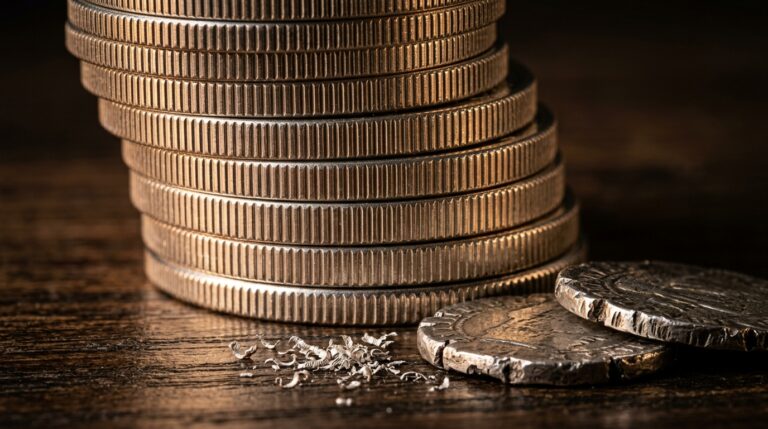 Pila de monedas con el canto cubierto de estrías junto a monedas antiguas recortadas y virutas de plata