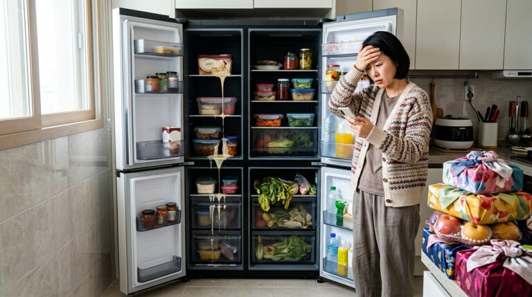 Mujer preocupada mira el móvil ante una nevera de cuatro puertas abierta, a oscuras y con helado derretido goteando