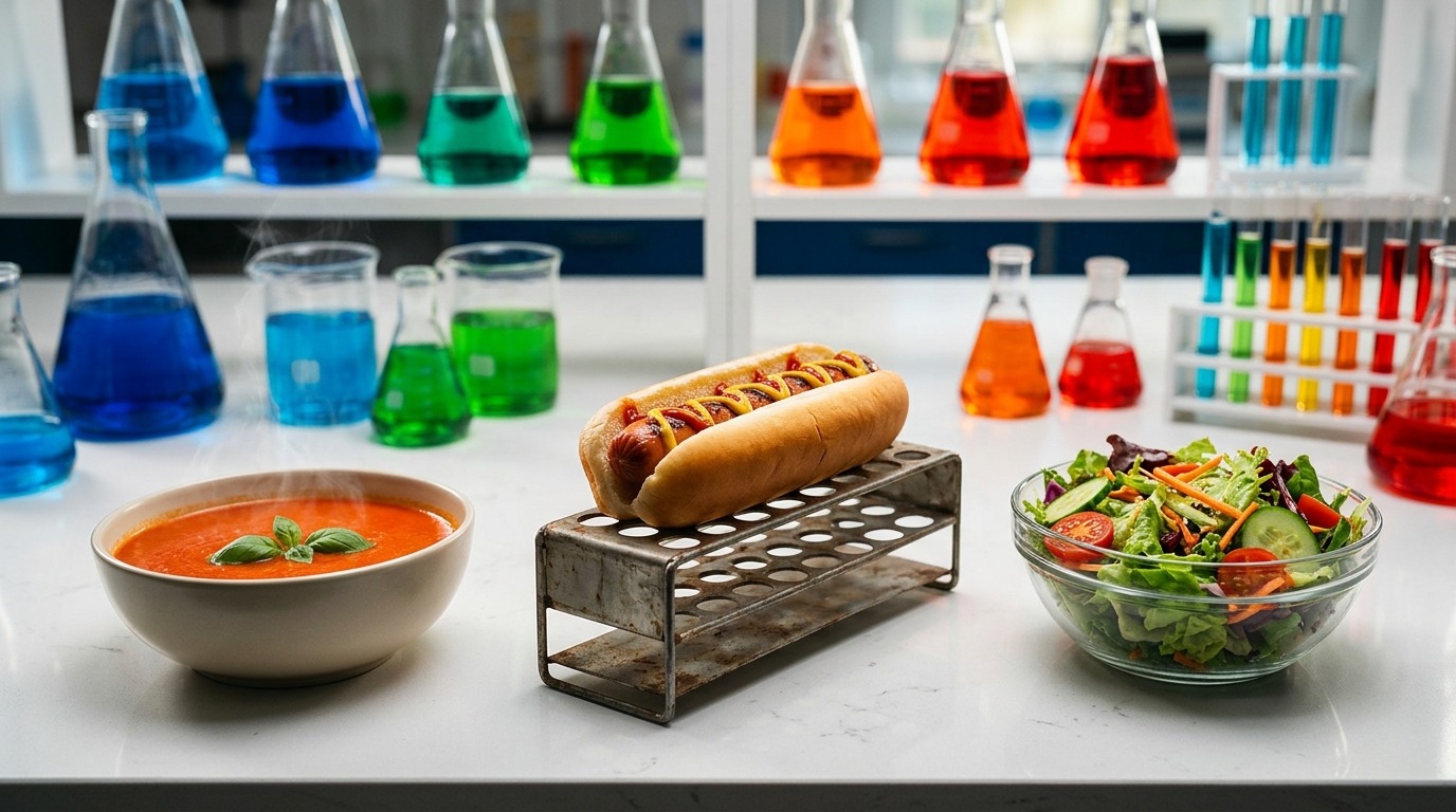 Un cuenco de sopa de tomate, un perrito caliente sobre una gradilla y un bol de ensalada entre matraces de laboratorio