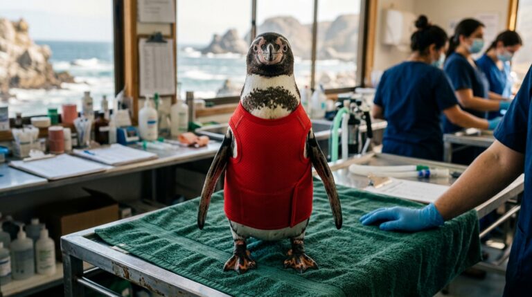 Ilustración de un pingüino de Humboldt con un chaleco rojo tejido con cobre sobre la camilla de un centro de rescate