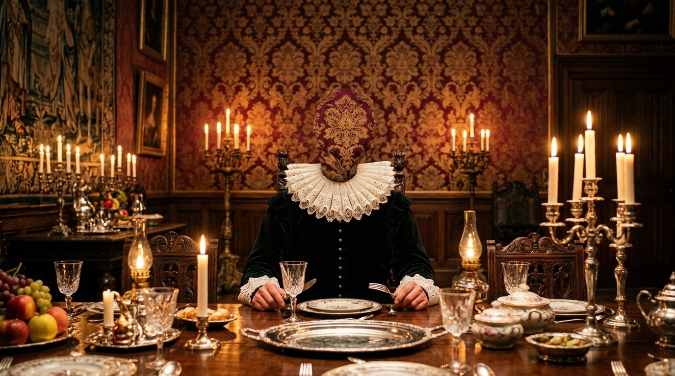 Comensal de época sentado a una mesa de banquete iluminada con velas, con el papel pintado de la pared donde debería estar su cabeza