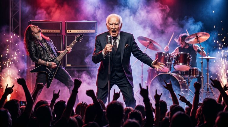 Ilustración: un hombre de 95 años con traje canta ante el micro mientras una banda de heavy metal toca entre humo y luces rojas