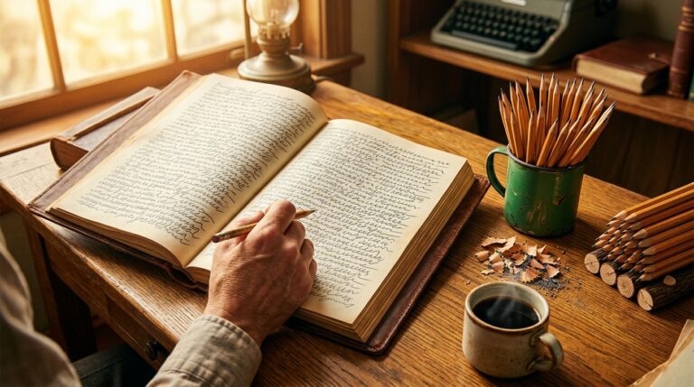 Mano escribiendo a lápiz en un cuaderno abierto por las dos páginas, junto a un bote lleno de lápices afilados y un café