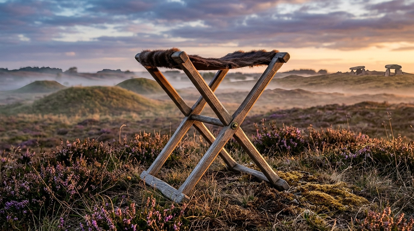 Ilustración de un taburete plegable de madera con asiento de piel, abierto sobre un brezal danés al atardecer