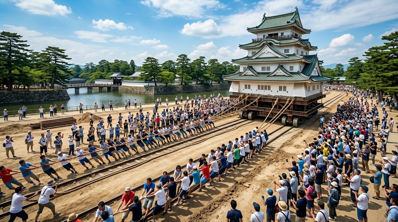 Multitud tirando de largas cuerdas atadas a un torreón de castillo japonés montado sobre raíles