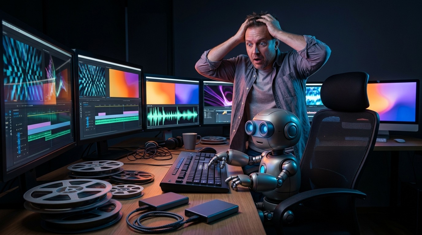 Robot ante un teclado en una sala de montaje de vídeo mientras un productor se lleva las manos a la cabeza