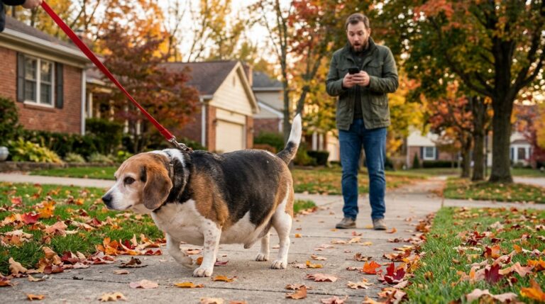 Beagle tricolor con mucho sobrepeso paseando con correa por una acera otoñal mientras un hombre mira el móvil asombrado