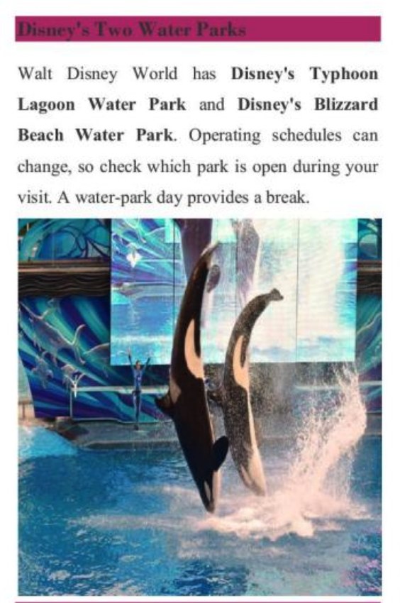 Página de una guía de viaje con un párrafo sobre los parques acuáticos de Disney y la foto de dos orcas saltando en una piscina