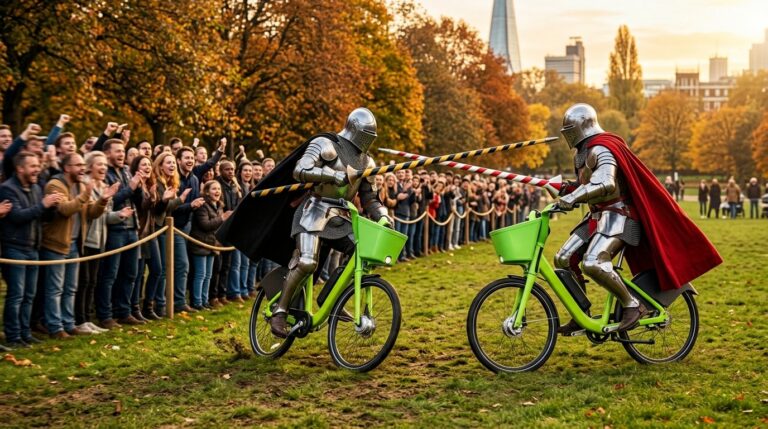 Dos caballeros con armadura y capa se embisten con lanzas a rayas montados en bicis eléctricas verdes ante el público de un parque