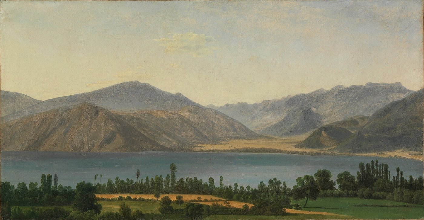 Pintura de paisaje del lago Fucino rodeado de campos y montañas de los Abruzos, antes de ser desecado