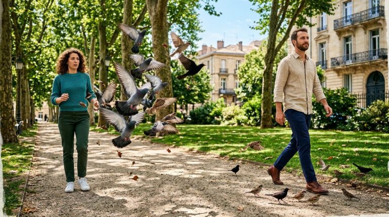 Palomas y otras aves de un parque urbano echan a volar ante una mujer mientras siguen tranquilas junto a un hombre que pasea
