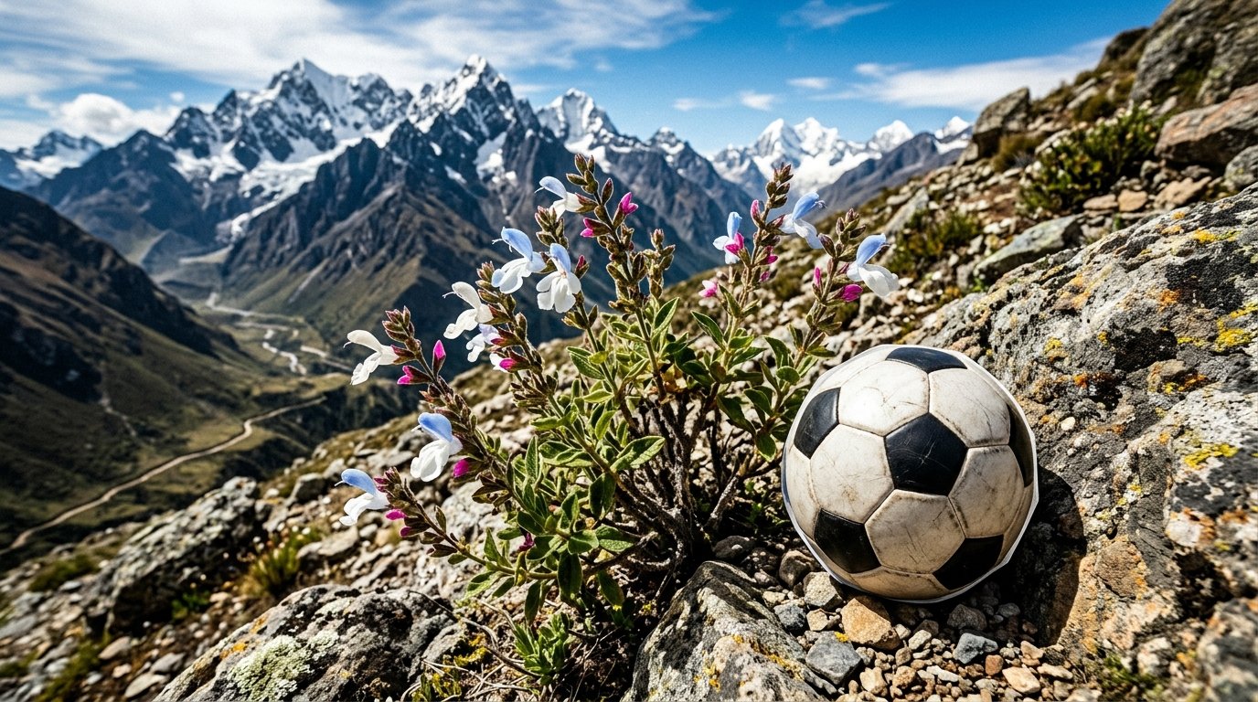 Ilustración de un arbusto de flores blancas y celestes en una ladera rocosa de los Andes junto a un balón de fútbol