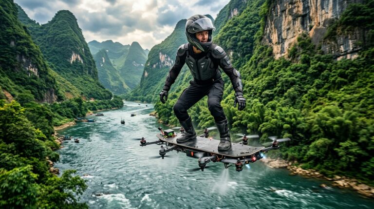 Ilustración de un piloto con casco de pie sobre una tabla voladora con hélices de dron sobre un río entre montañas