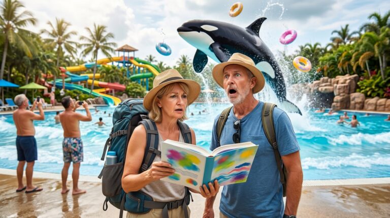 Dos turistas desconcertados consultan una guía de viaje mientras una orca salta en la piscina de olas de un parque acuático