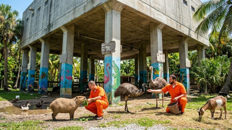 Dos presos con mono naranja dan de comer a un capibara y a un emú bajo una cárcel sobre pilotes en los Cayos de Florida